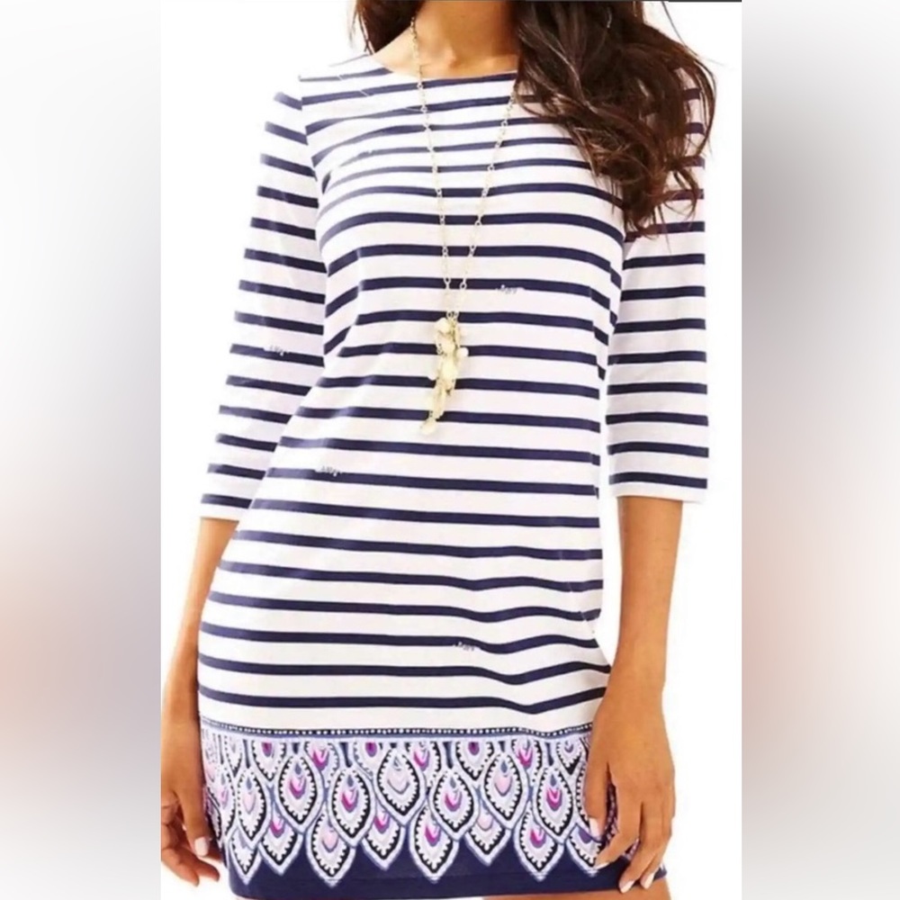 Lilly Pulitzer Beacon Serene stripe navy 3/4 sleeve shift dress size small S